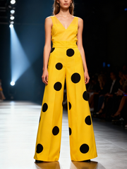 Elasticated Waist High Waisted Contrast Color Pockets Polka-Dot Split-Joint Pants