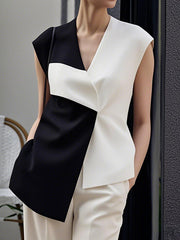 Loose Sleeveless Asymmetric Contrast Color V-Neck Vest Top