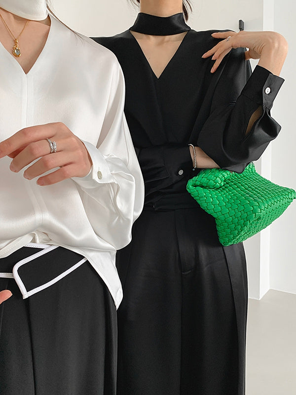 Hollow Shiny Solid Color Long Sleeves Loose V-Neck Blouses&Shirts Tops