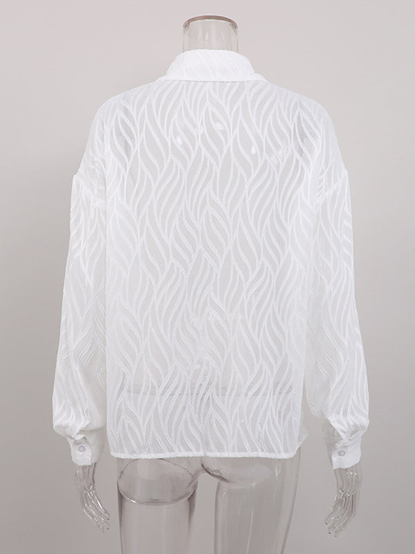 Buttoned Pockets See-Through Solid Color Split-Joint Long Sleeves Loose Lapel Blouses&Shirts Tops