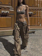 Buttoned Pockets Solid Color Split-Joint Loose Wide Leg Trousers Pants