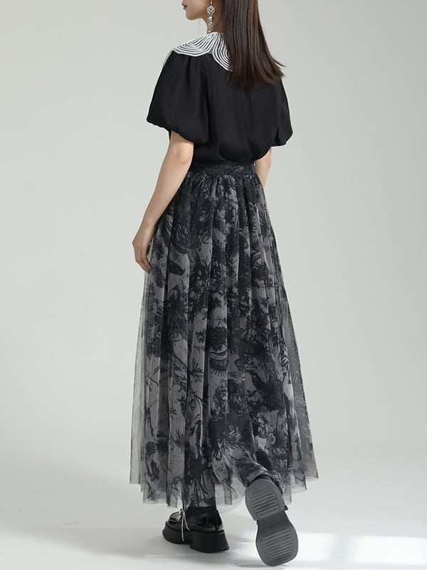 Gauze Pleated Printed Split-Joint A-Line Loose Skirts