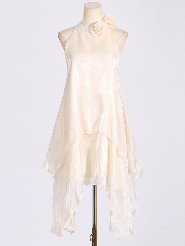 Double Layered Shiny Three-Dimensional Flower High Waisted Loose Halter-Neck Midi Dresses