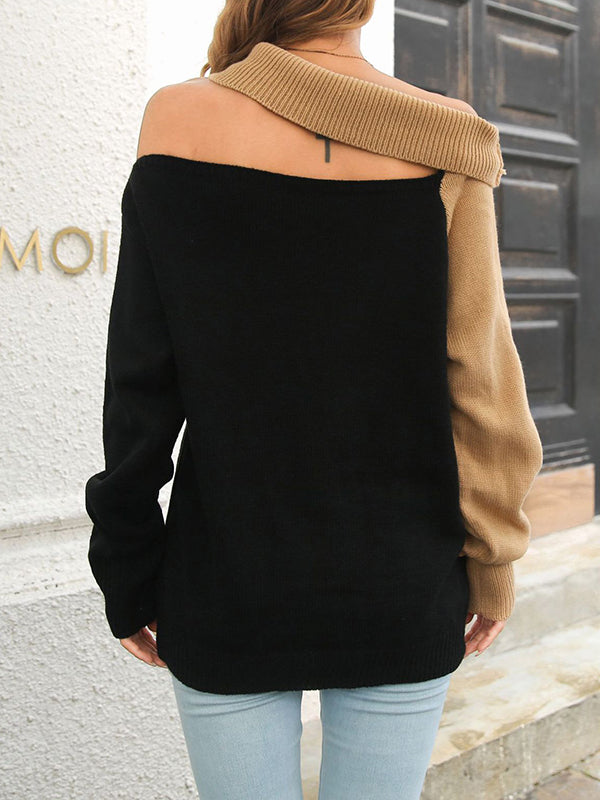 Contrast Color Hollow Split-Joint Loose Puff Sleeves Off-The-Shoulder Sweater