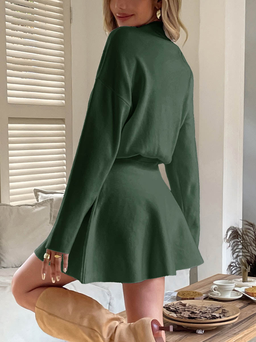 Elasticity Solid Color A-line High Waisted Round-neck Sweater Dresses Mini Dresses