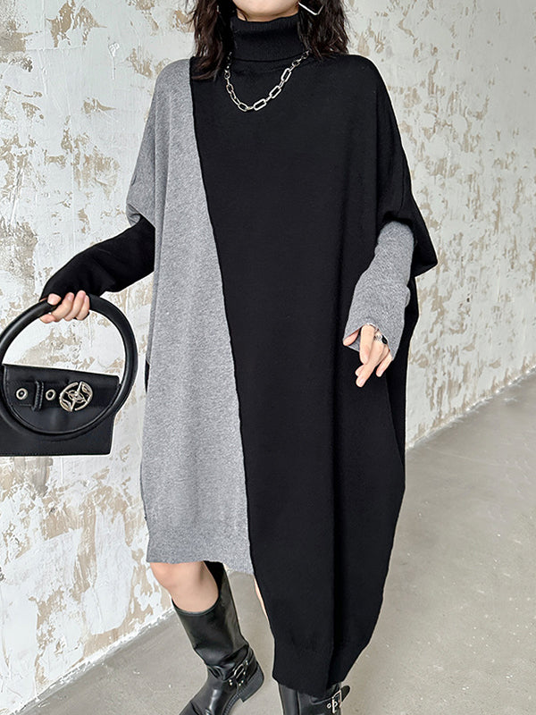Asymmetric Contrast Color Split-Joint Batwing Sleeves Hipster High-neck Sweater Dresses Midi Dresses