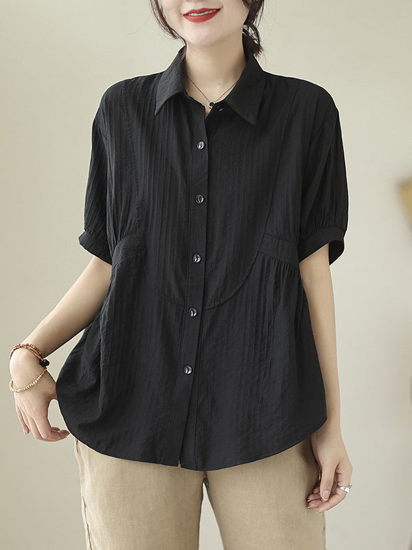 Pleated Solid Color Split-Joint Half Sleeves Loose Lapel Blouses&Shirts Tops