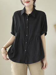 Pleated Solid Color Split-Joint Half Sleeves Loose Lapel Blouses&Shirts Tops