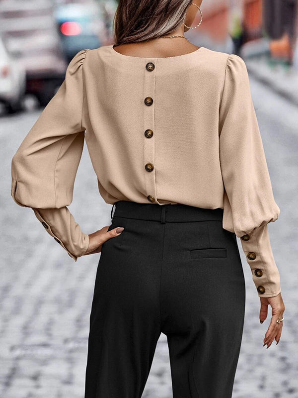 Buttoned Long Sleeves Loose Round-neck Blouses&shirts Tops