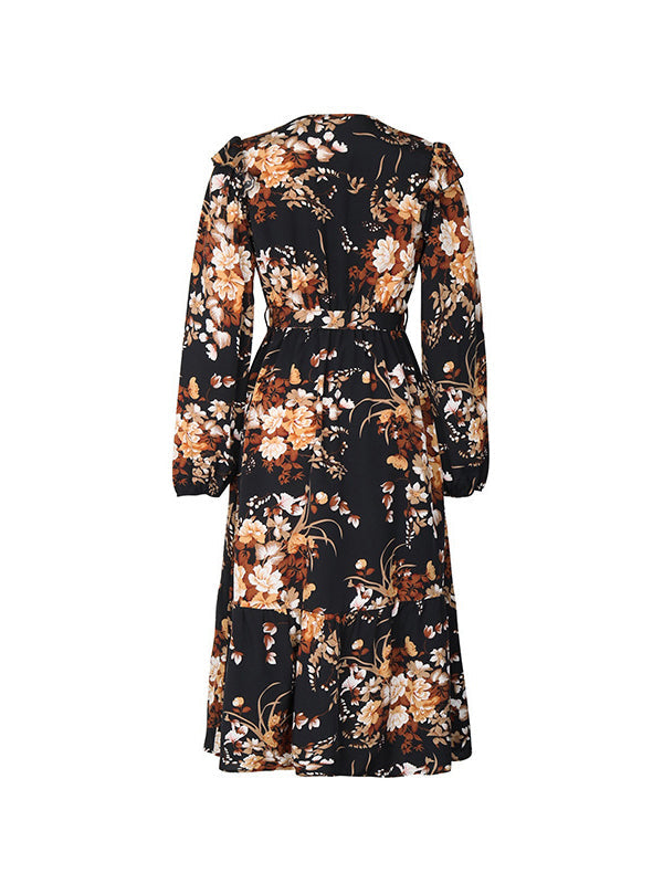 Flower Print Pleated Split-Joint Tied Waist Loose Puff Sleeves V-Neck Shirt Dress Midi Dresses