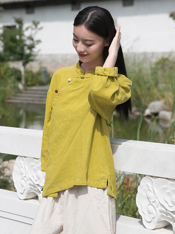 Vintage Ramie Cotton Stand Collar Loose Long Sleeve Shirt