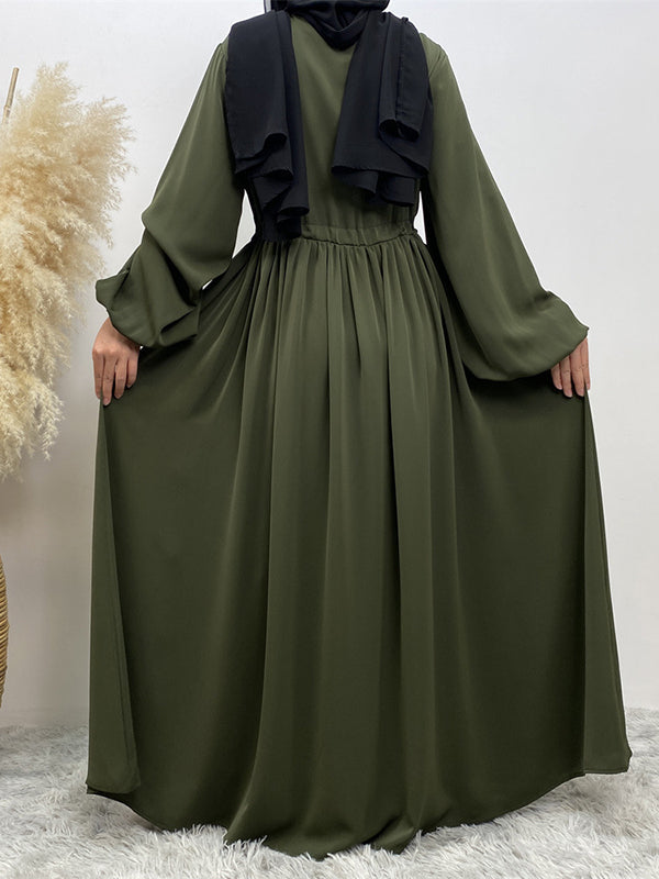 Drawstring Elasticity Muslim Pleated Solid Color Zipper Long Sleeves Loose Round-Neck Maxi Dresses