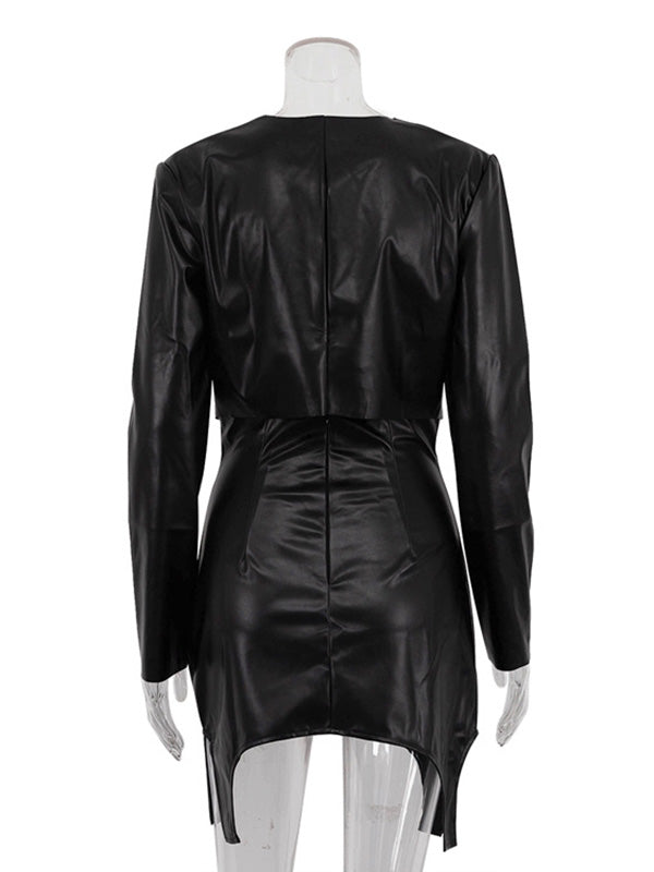Solid Color Split-Joint Round-Neck T-shirt Top + High Waisted Zipper Bodycon Skirts Bottom Two Pieces Set