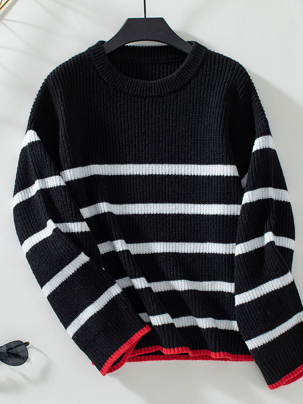 Contrast Color Split-Joint Striped Long Sleeves Loose Round-Neck Sweater Tops Pullovers
