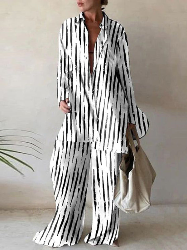 Urban Long Sleeves Wide Leg Printed Lapel Two Pieces Set