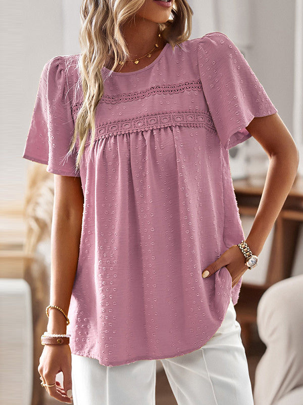Hollow Jacquard Pleated Solid Color Split-Joint Loose Short Sleeves Round-Neck T-Shirts Tops