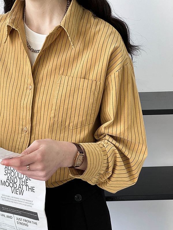 Buttoned Pockets Striped Long Sleeves Loose Lapel Blouses&Shirts Tops