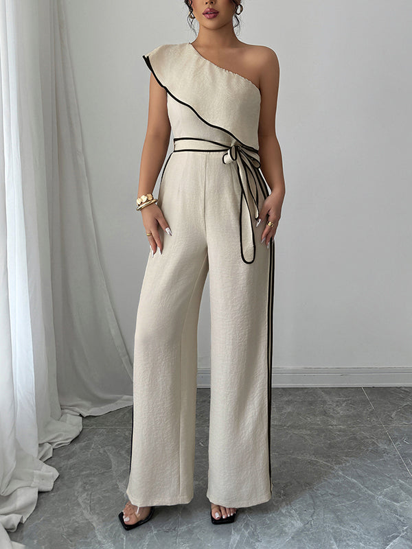 Elasticity Tied Waist High Waisted Wide Leg One-Shoulder Jumpsuits
