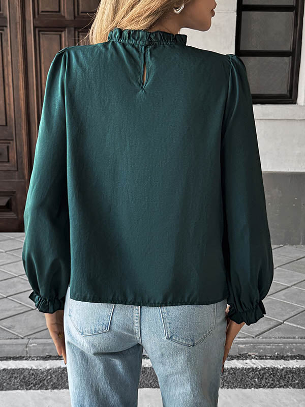 Elasticity Pleated Ruffle Trim Solid Color Long Sleeves Loose Mock Neck Blouses&Shirts Tops