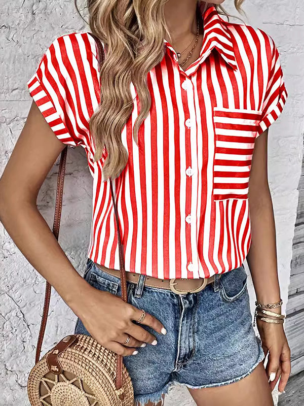 Contrast Color Split-Joint Striped Patterns Loose Short Sleeves Lapel Blouses&Shirts Tops