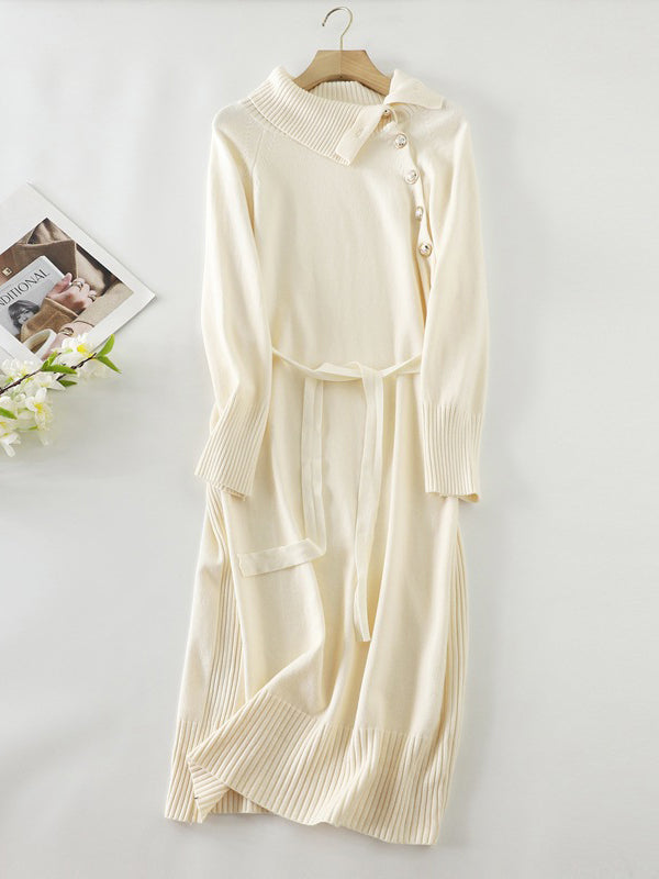 Urban Loose Long Sleeves Buttoned Bandage High-Neck Sweater Dresses