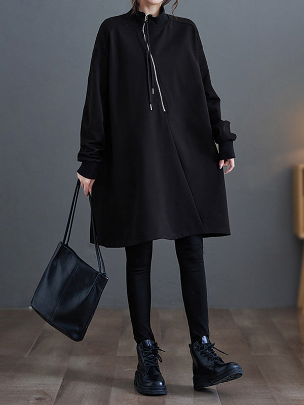 Asymmetric Split-Joint Zipper A-Line Long Sleeves Mock Neck Sweatershirt Mini Dresses