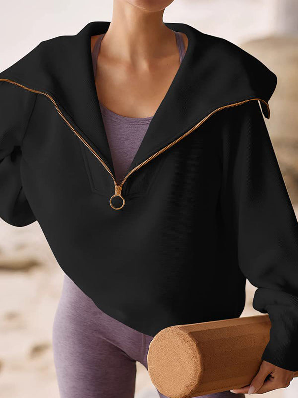 Solid Color Zipper Long Sleeves Loose Lapel Sweatshirt Tops
