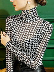 Contrast Color Split-Joint Long Sleeves Plus Size High Neck T-Shirts Tops