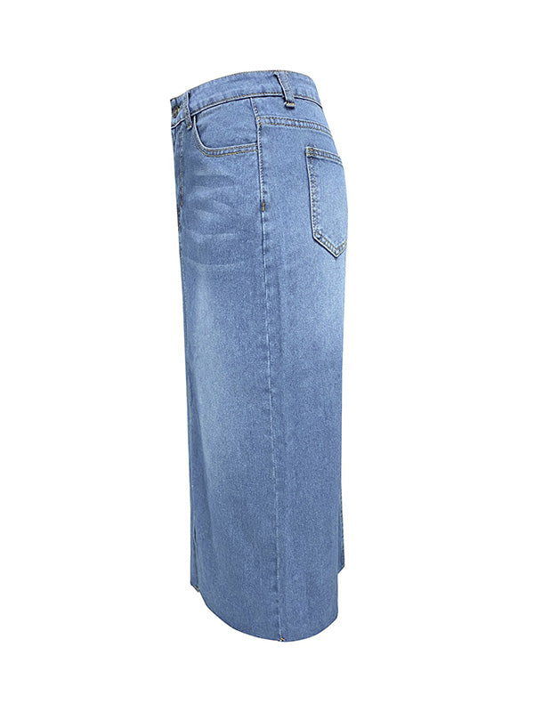 Fringed Pockets Split-Front A-Line High Waisted Skirts Bottoms