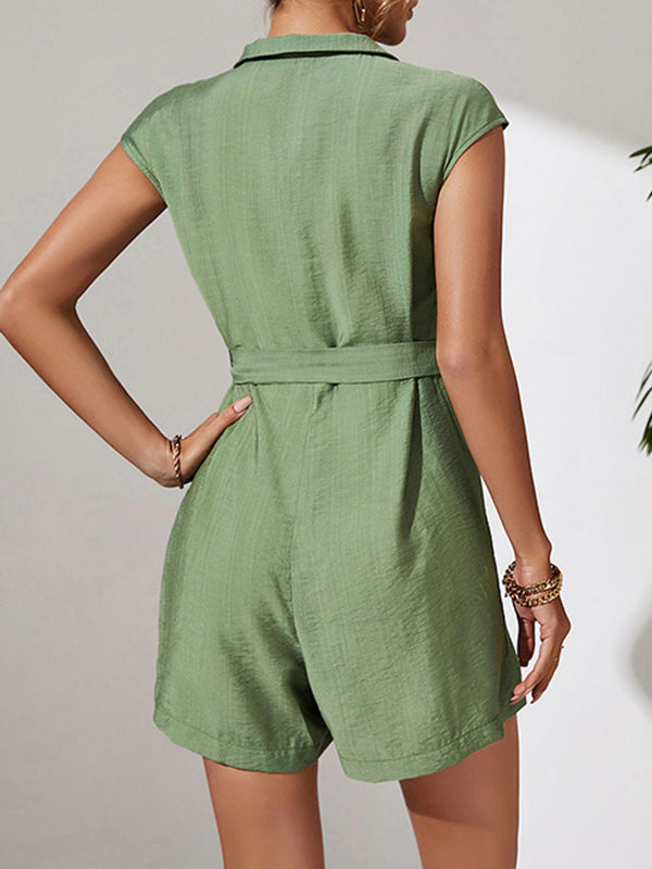 Solid Color Zipper Short Sleeves Lapel Collar Rompers