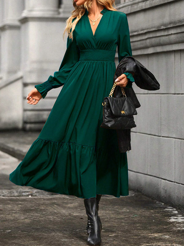 Elasticity Pleated Solid Color A-Line Flared Sleeves V-Neck Midi Dresses