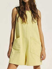 Pockets Solid Color Loose Sleeveless Round-Neck Rompers