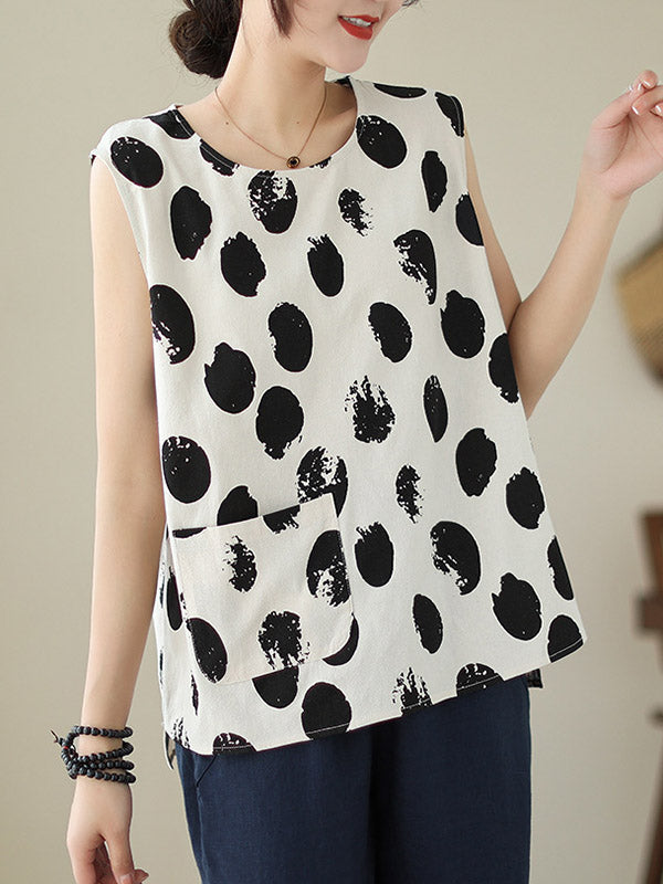 Pockets Polka-Dot Loose Plus Size Round-neck Vest Top