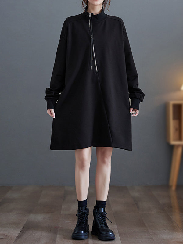 Asymmetric Split-Joint Zipper A-Line Long Sleeves Mock Neck Sweatershirt Mini Dresses