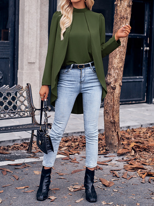 Solid Color Split-Joint False Two High-Low Mock Neck Blouses&Shirts Tops