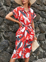 Buttoned Leaves Print Tied Waist Raglan Sleeve Short Sleeves Lapel Shirt Dress Midi Dresses