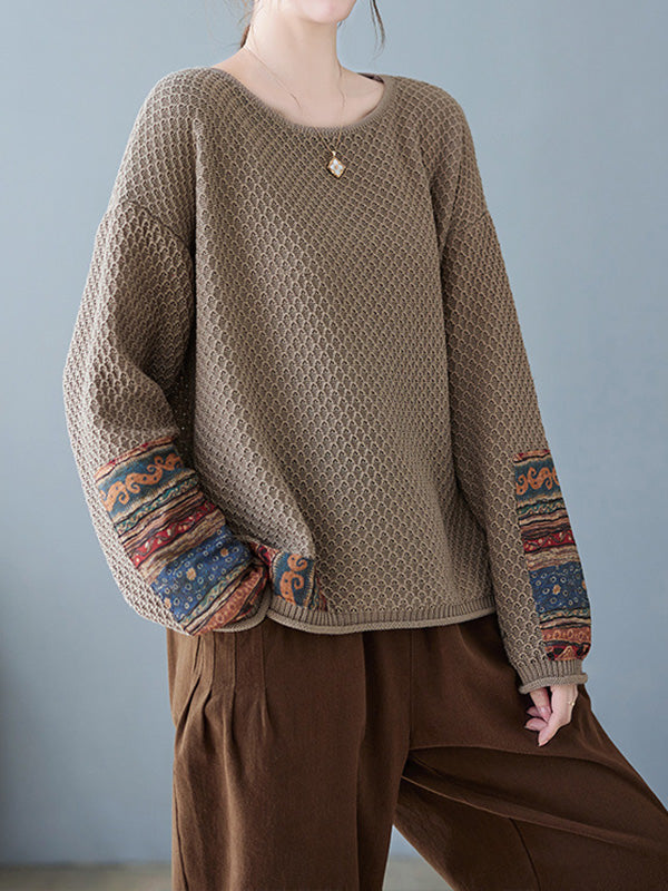 Printed Split-Joint Long Sleeves Loose Round-Neck Sweater Tops Pullovers