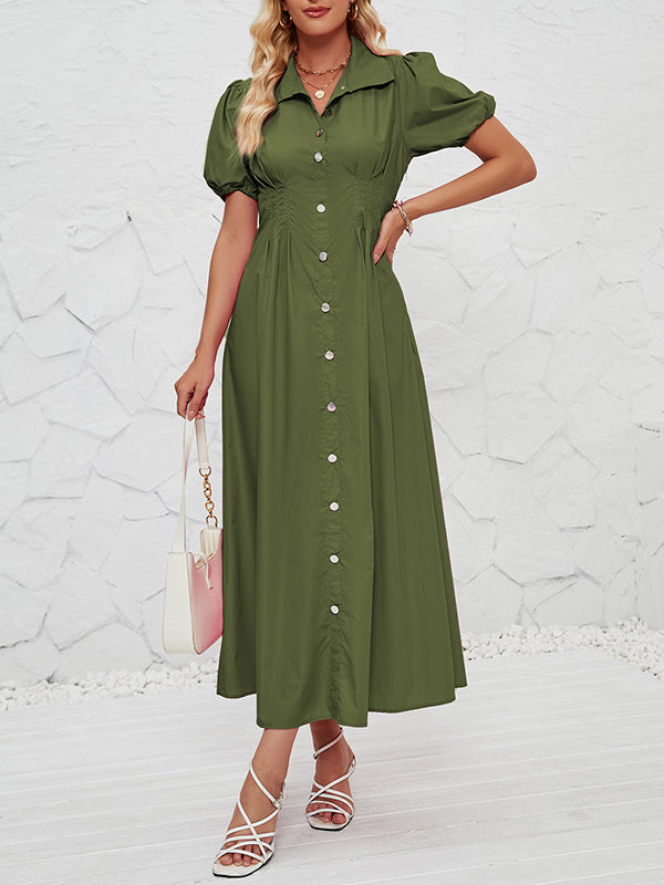 Pleated Split-Joint Loose Puff Sleeves Lapel Shirt Dress Maxi Dresses