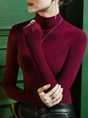 Solid Color Split-Joint Long Sleeves Plus Size High Neck T-Shirts Tops