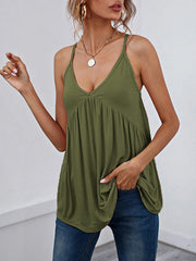 Pleated Solid Color Split-Joint Sleeveless Spaghetti-Neck Camis