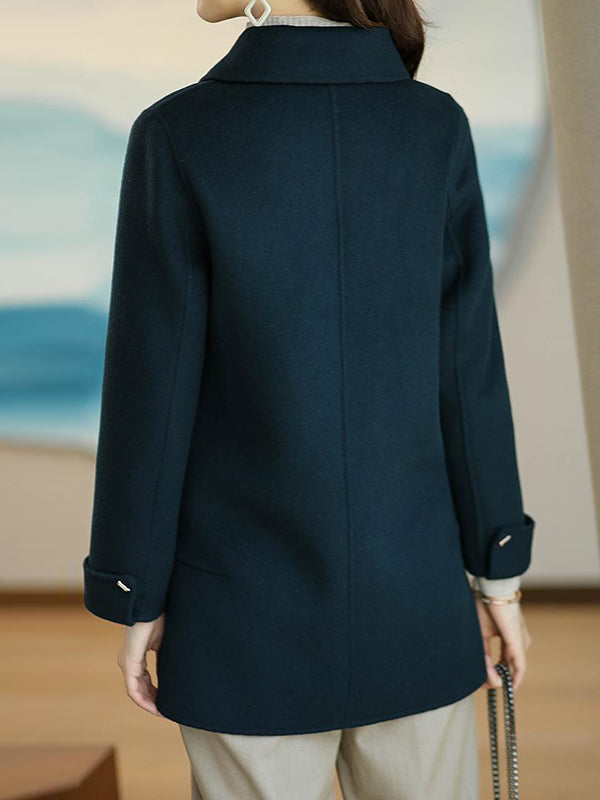 Buttoned Pockets Solid Color Long Sleeves Loose Lapel Woolen Coat
