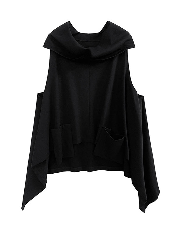 Pockets Solid Color Irregularity Loose Heaps Collar Vest Top T-Shirts