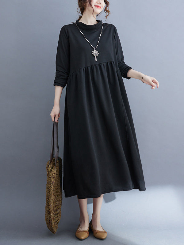 Casual Loose Long Sleeves Solid Color Stand Collar Midi Dresses