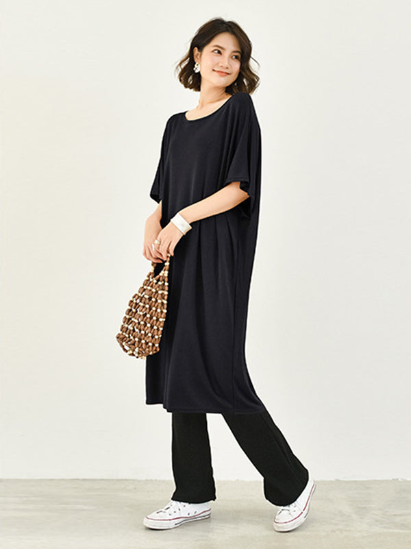 Casual Batwing Half Sleeves Solid Color Round-Neck Midi Dresses