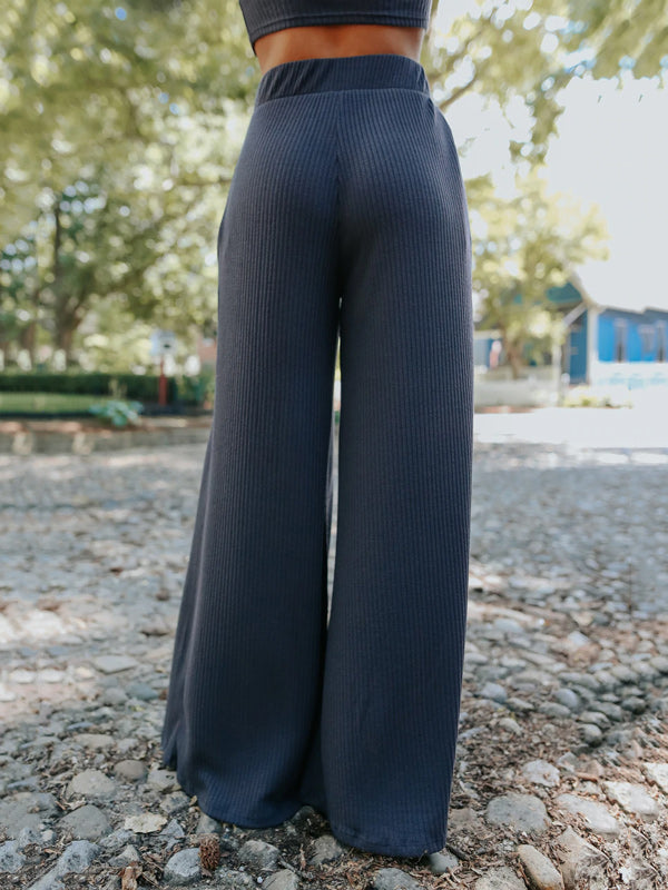 Pleated Pockets Solid Color High Waisted Loose Trousers Pants