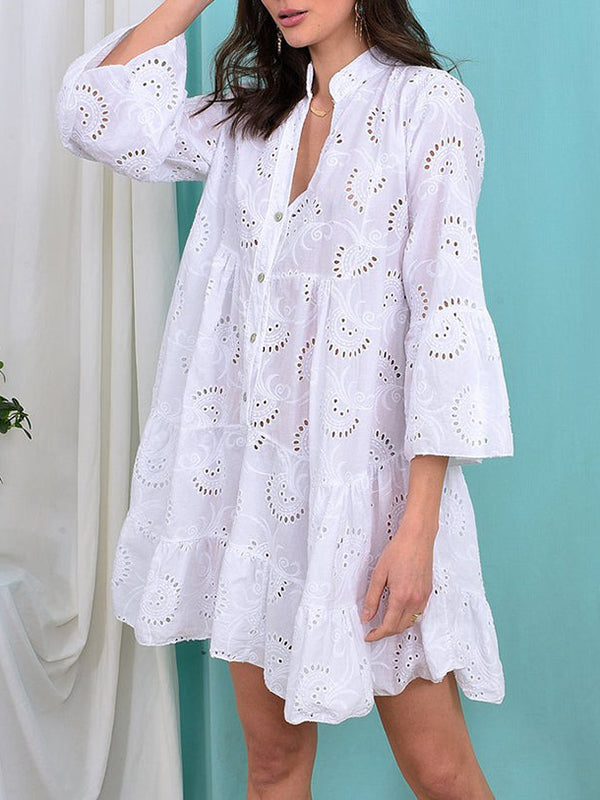 Buttoned Hollow Solid Color Split-Joint A-Line Flared Sleeves V-Neck Mini Dresses