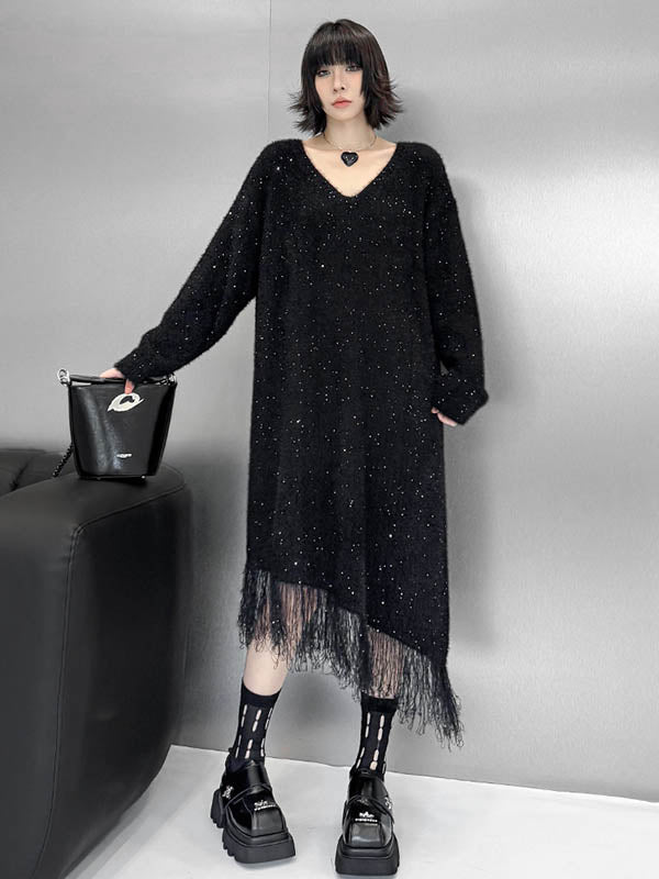 Contrast Color Sequined Shiny Split-Joint Tasseled Irregularity Long Sleeves V-Neck Sweater Dresses Midi Dresses