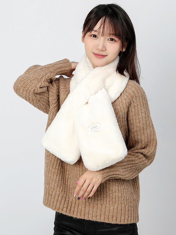 Casual Faux Fur Keep Warm Solid Color Cross Plush Shawl&Scarf