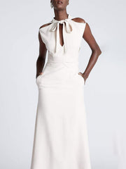 Hollow Pockets Solid Color Split-back Tied Zipper A-line Bodycon Cold shoulder Midi Dresses