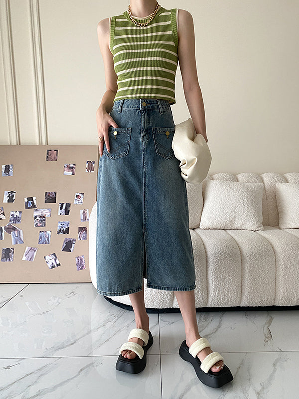 Pockets Split-front Split-Joint A-line Denim Skirts Bottoms